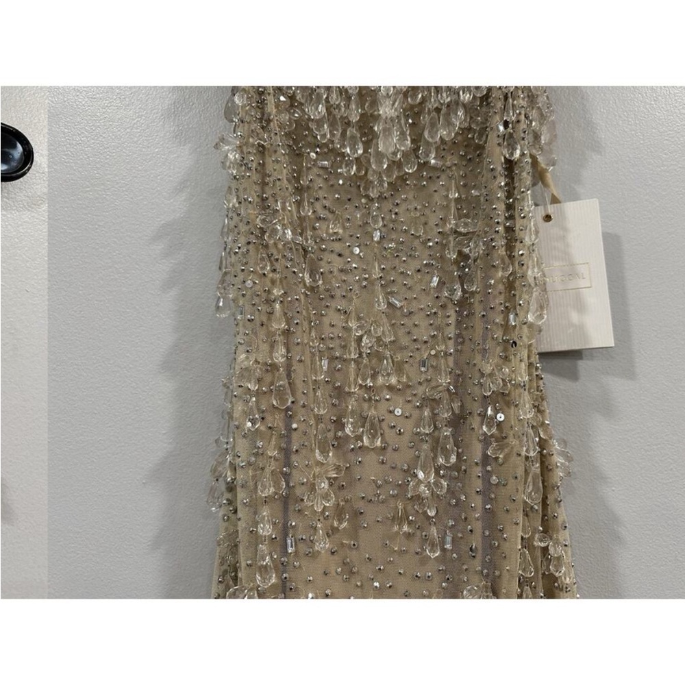 Mac Duggal 10101 Nude Silver V-Neck Column Gown with Fringe Embellishments Sz 0 - Picture 5 of 12
